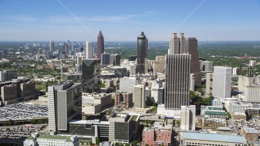 Downtown Atlanta from Midtown skyscrapers, Georgia Aerial Stock Photo AX37_012.0000385F | Axiom Images