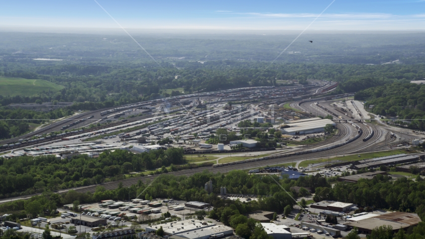 A train yard, hazy, Atlanta, Georgia Aerial Stock Photo AX37_085.0000152F | Axiom Images