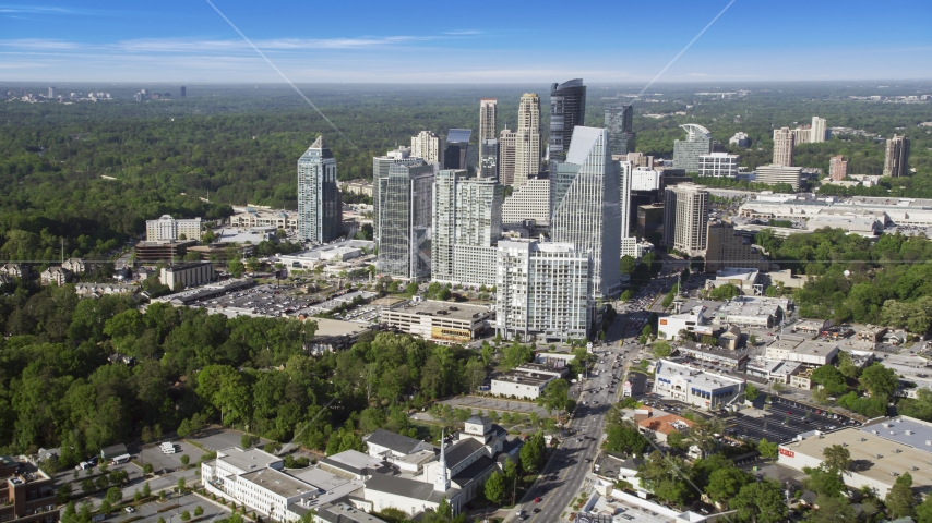 Skyscrapers overlooking forests, Buckhead, Georgia Aerial Stock Photo AX38_012.0000306F | Axiom Images