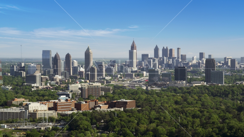 Midtown Atlanta skyline, hazy, Buckhead, Georgia Aerial Stock Photo AX38_030.0000205F | Axiom Images