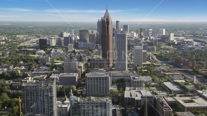 Bank of America Plaza, AT&T Midtown Center towering over citiy buildings, Midtown Atlanta Aerial Stock Photo AX38_069.0000152F | Axiom Images