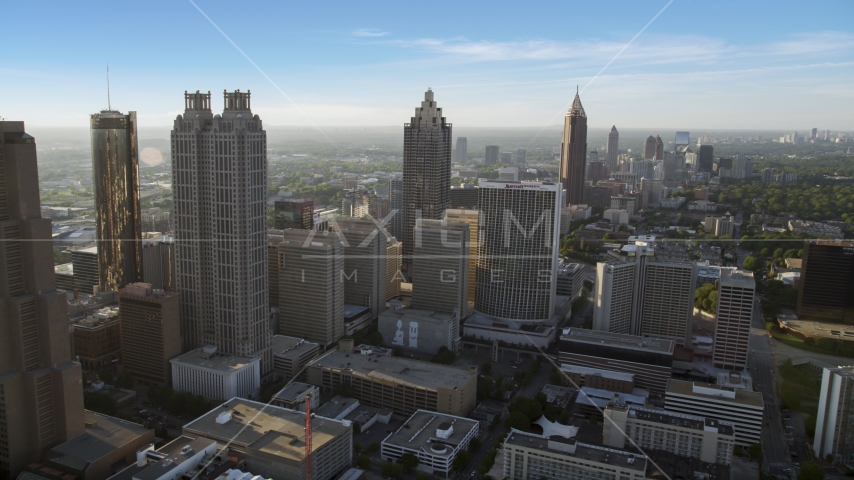 Skyscrapers and office buildings; Downtown Atlanta, Georgia, sunset Aerial Stock Photo AX39_017.0000284F | Axiom Images