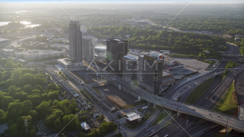 Office buildings and The Atlantic apartments, Midtown Atlanta, sunset Aerial Stock Photo AX39_024.0000016F | Axiom Images