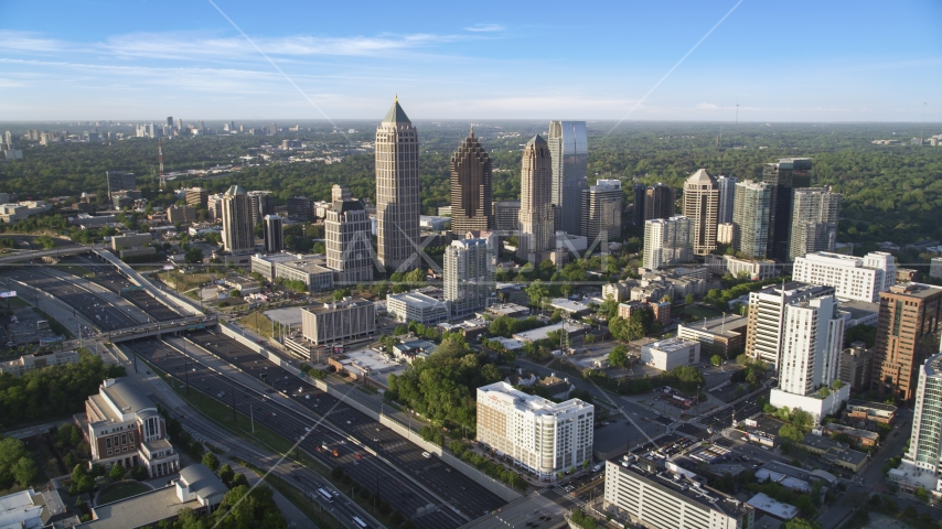 The I-85 freeway and Midtown Atlanta skyscrapers in Georgia Aerial Stock Photo AX39_030.0000141F | Axiom Images
