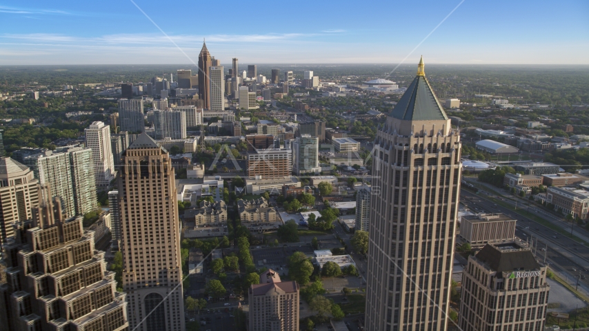 Downtown seen between GLG Grand and One Atlantic Center in Midtown Atlanta, Georgia Aerial Stock Photo AX39_032.0000194F | Axiom Images