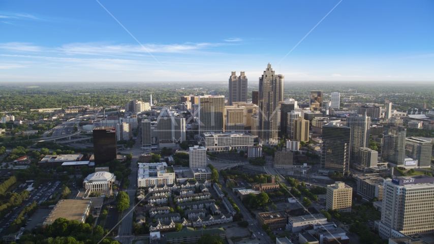 Downtown Atlanta skyscrapers seen from Midtown, Atlanta, Georgia, sunset Aerial Stock Photo AX39_036.0000295F | Axiom Images