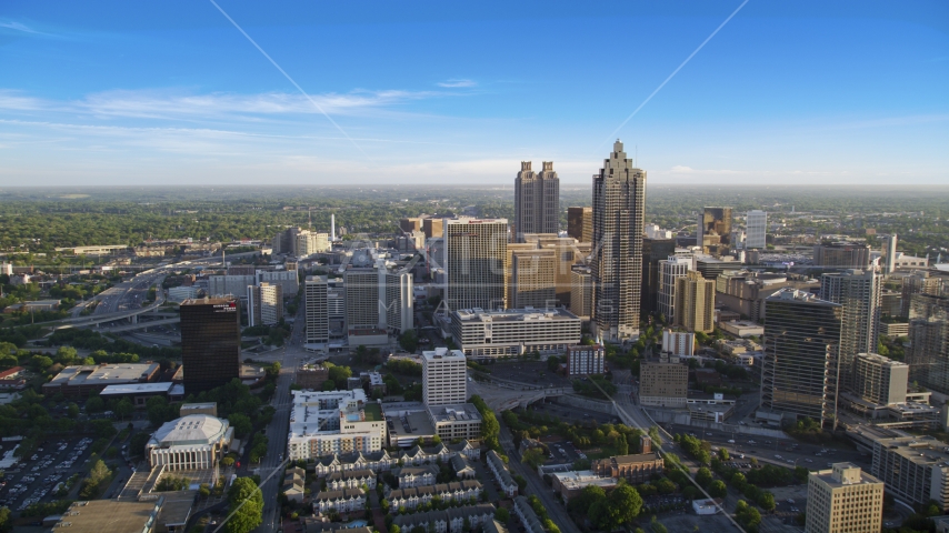 Wide shot of SunTrust Plaza Atlanta Marriott Marquis, Downtown Atlanta, sunset Aerial Stock Photo AX39_037.0000021F | Axiom Images