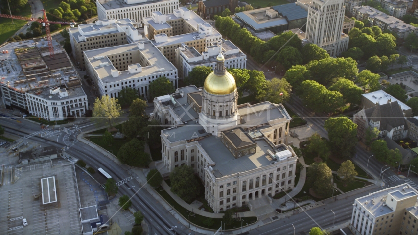 Georgia State Capitol and its gold dome, Downtown Atlanta, sunset Aerial Stock Photo AX39_040.0000072F | Axiom Images