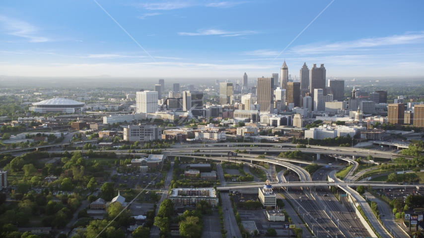 Downtown Atlanta and Georgia Dome, Atlanta, Georgia, sunset Aerial Stock Photo AX39_042.0000125F | Axiom Images