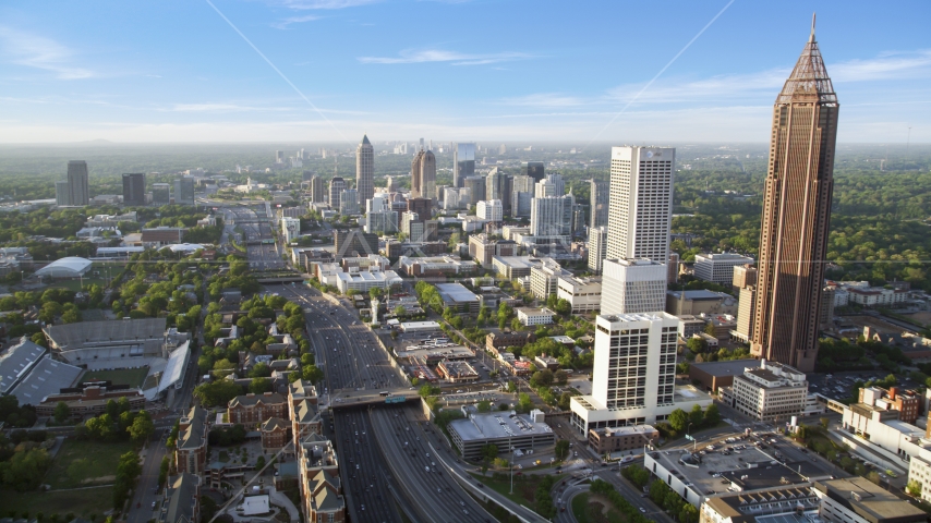 Downtown Connector along city buildings; Midtown Atlanta, Georgia Aerial Stock Photo AX39_049.0000162F | Axiom Images