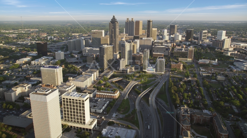 Downtown Connector toward Downtown skyscrapers, Atlanta Aerial Stock Photo AX39_063.0000317F | Axiom Images