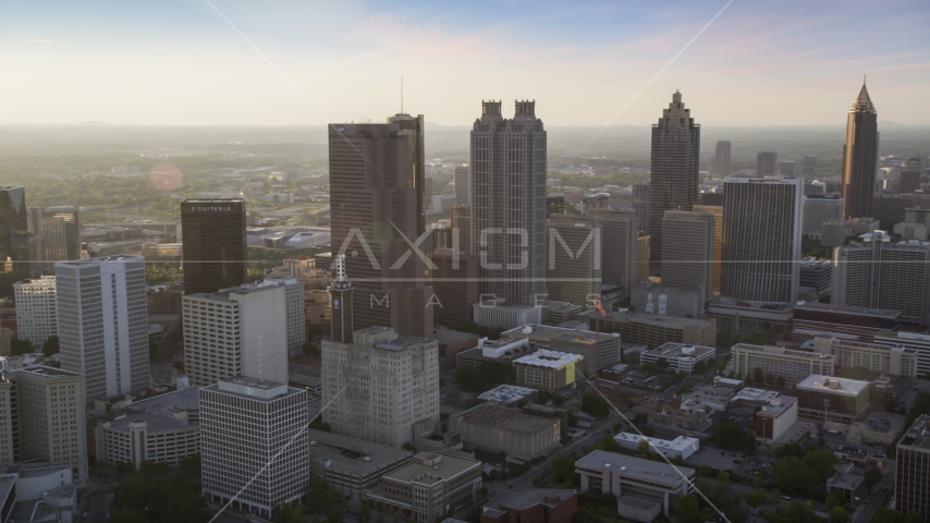 Downtown Atlanta skyscrapers, Georgia, sunset Aerial Stock Photo AX39_066.0000162F | Axiom Images