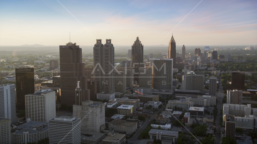 Downtown Atlanta skyscrapers and high-rises, Georgia, sunset Aerial Stock Photo AX39_067.0000014F | Axiom Images