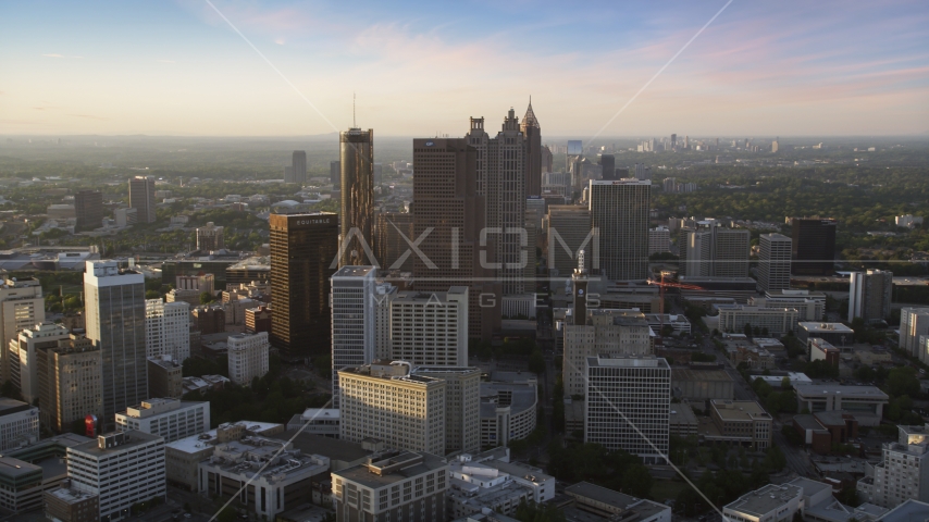 Downtown Atlanta skyscrapers and high-rises in the haze, Georgia Aerial Stock Photo AX39_067.0000312F | Axiom Images