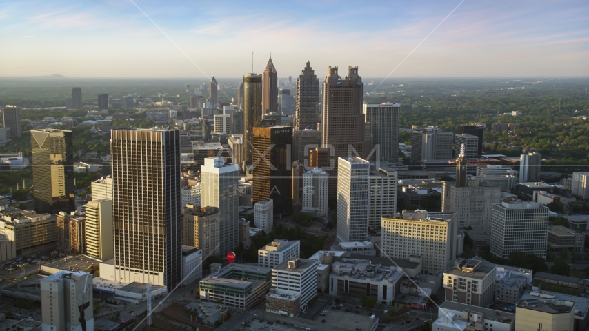Downtown Atlanta skyscrapers and high-rises, Georgia, sunset Aerial Stock Photo AX39_068.0000051F | Axiom Images