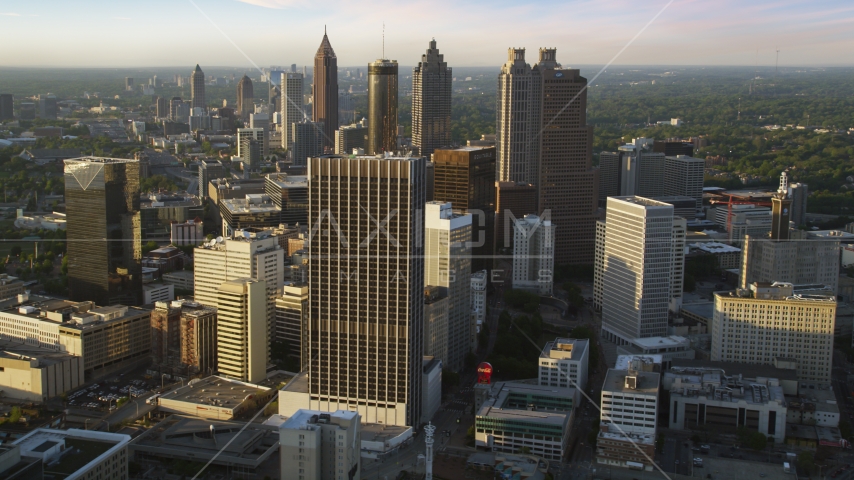 Downtown Atlanta skyscrapers and high-rises, Georgia, sunset Aerial Stock Photo AX39_068.0000196F | Axiom Images