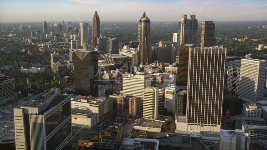Downtown Atlanta skyscrapers and high-rises, Georgia, sunset Aerial Stock Photo AX39_068.0000365F | Axiom Images