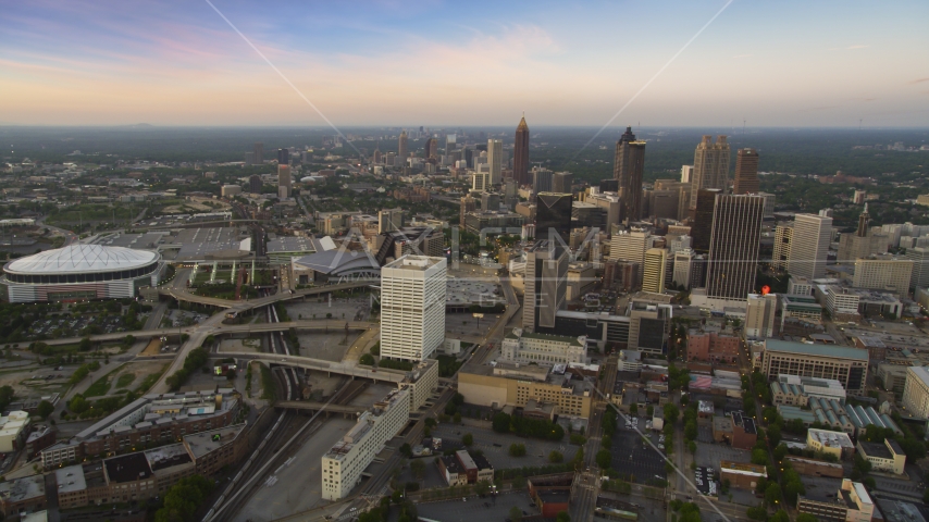 Downtown Atlanta skyscrapers and city buildings, Georgia, twilight Aerial Stock Photo AX40_003.0000020F | Axiom Images