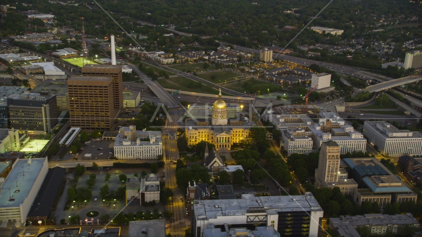 The Georgia State Capitol in Downtown Atlanta at twilight Aerial Stock Photo AX40_015.0000000F | Axiom Images