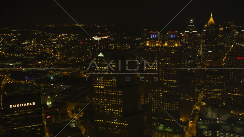 Tall skyscrapers in Downtown Atlanta, Georgia, night Aerial Stock Photo AX41_008.0000153F | Axiom Images