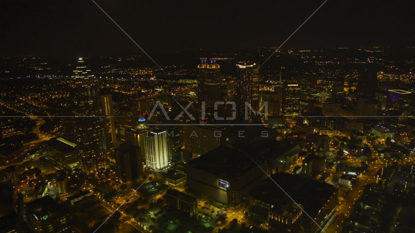 A wide view of the city's skyscrapers in Downtown Atlanta, Georgia, night Aerial Stock Photo AX41_076.0000037F | Axiom Images