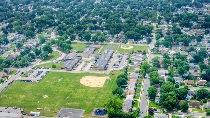 The Nassau County Police Academy and grounds in Massapequa Park, Long Island, New York Aerial Stock Photo AXP071_000_0006F | Axiom Images