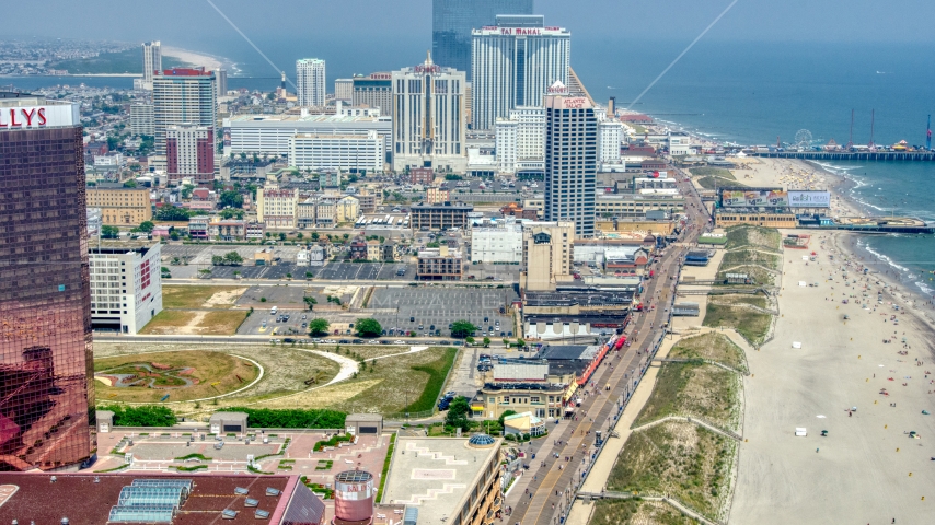 The boardwalk by hotels in Atlantic City, New Jersey Aerial Stock Photo AXP071_000_0017F | Axiom Images