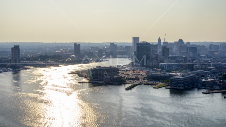 The Patapsco River and Downtown Baltimore skyline, Maryland Aerial Stock Photo AXP073_000_0009F | Axiom Images