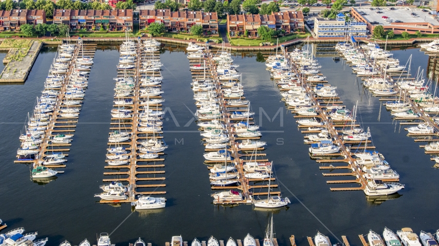 Boats docked at Anchorage Marina in Baltimore, Maryland Aerial Stock Photo AXP073_000_0015F | Axiom Images