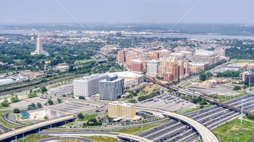 Office buildings near the George Washington Masonic National Memorial in Alexandria, Virginia Aerial Stock Photo AXP075_000_0001F | Axiom Images