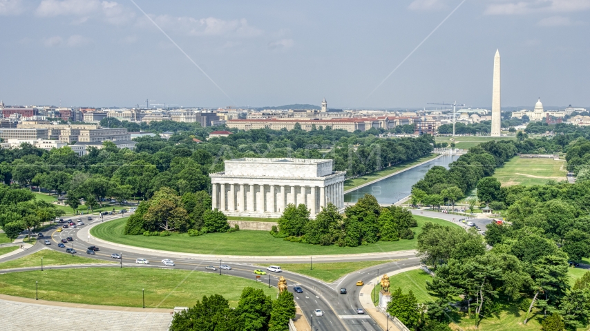 The Lincoln Memorial and Reflecting Pool, and Washington Monument on the National Mall in Washington DC Aerial Stock Photo AXP075_000_0010F | Axiom Images