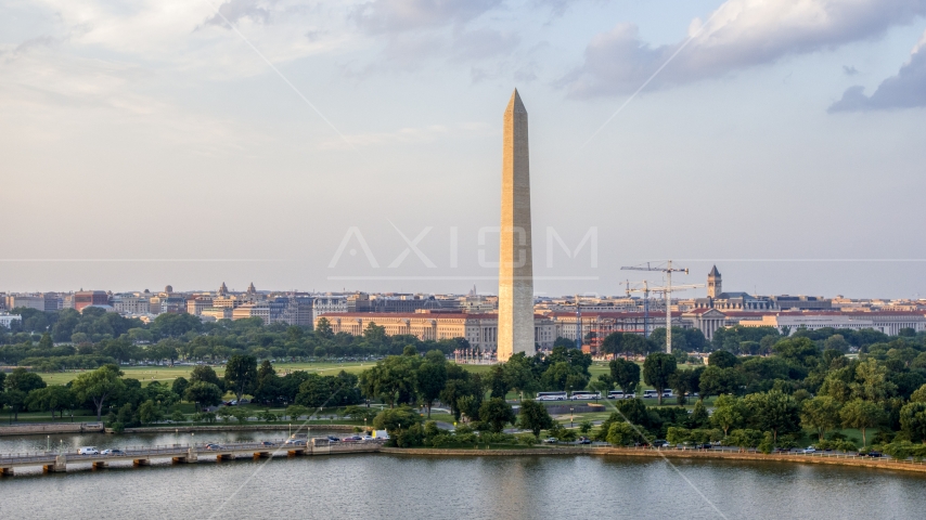 The Washington Monument seen from Tidal Basin, Washington D.C., sunset Aerial Stock Photo AXP076_000_0009F | Axiom Images