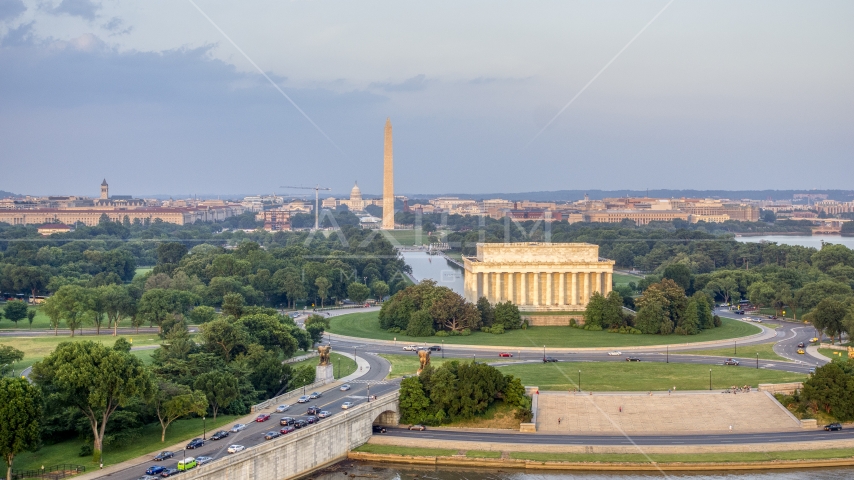 The Lincoln Memorial and Reflecting Pool, Washington Monument, National Mall, Washington D.C., sunset Aerial Stock Photo AXP076_000_0012F | Axiom Images