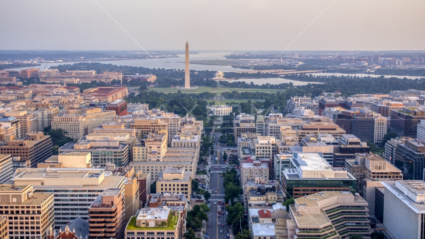 The White House, Washington Monument, and Jefferson Memorial, Washington D.C., sunset Aerial Stock Photo AXP076_000_0013F | Axiom Images