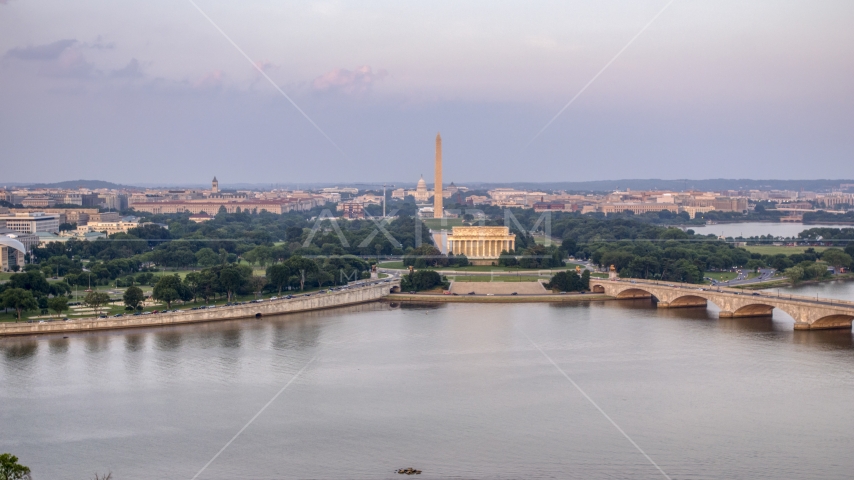 A wide view of the Lincoln Memorial, Washington Monument, National Mall, Washington D.C., sunset Aerial Stock Photo AXP076_000_0019F | Axiom Images