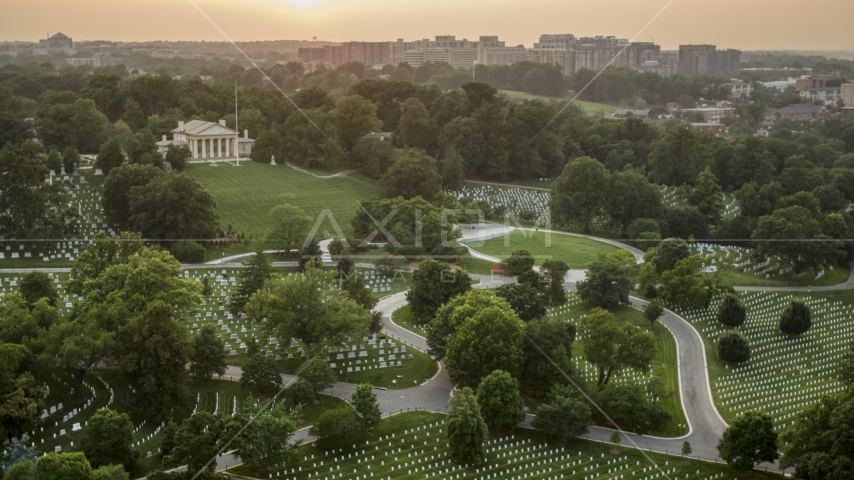 Arlington House and John F. Kennedy Gravesite at Arlington National Cemetery, Virginia, twilight Aerial Stock Photo AXP076_000_0021F | Axiom Images