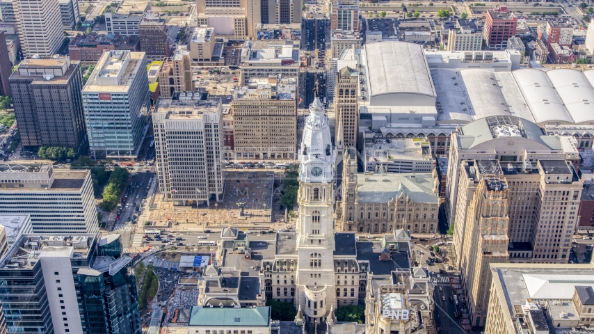The William Penn statue atop Philadelphia City Hall in Pennsylvania Aerial Stock Photo AXP079_000_0006F | Axiom Images