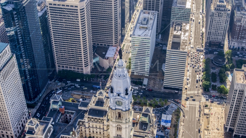 The William Penn statue on the top of Philadelphia City Hall in Pennsylvania Aerial Stock Photo AXP079_000_0007F | Axiom Images