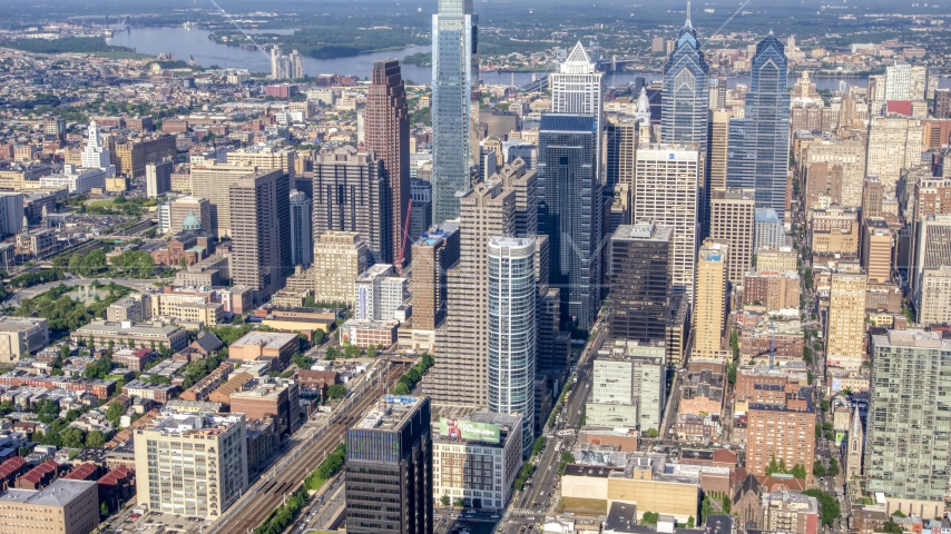 Skyscrapers and city buildings in the Philadelphia's downtown area, Pennsylvania Aerial Stock Photo AXP079_000_0015F | Axiom Images