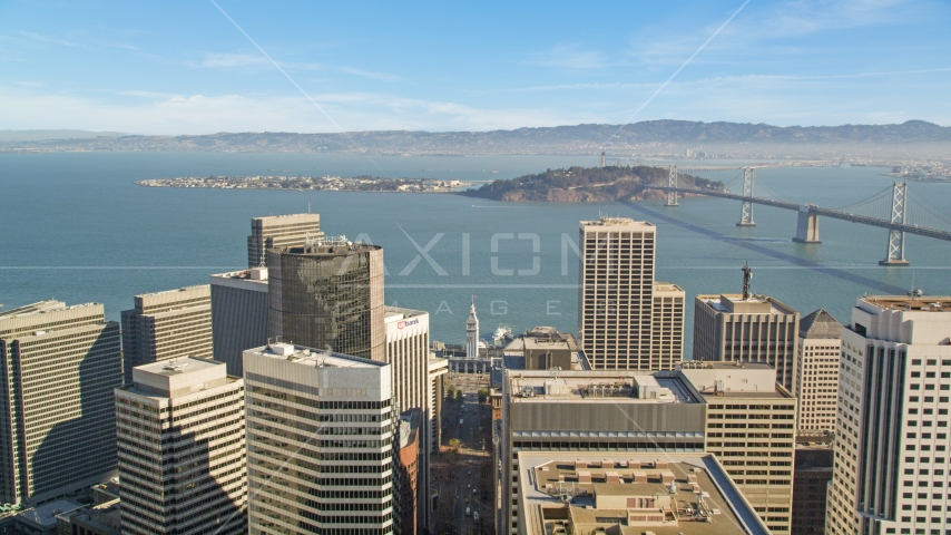 Islands in San Francisco Bay seen from skyscrapers in Downtown San Francisco, California Aerial Stock Photo DCSF05_019.0000000 | Axiom Images