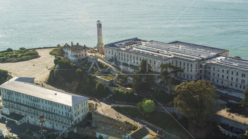 The main building and the lighthouse on Alcatraz in San Francisco, California Aerial Stock Photo DCSF05_027.0000422 | Axiom Images