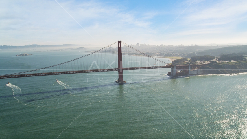 The Golden Gate Bridge with the downtown skyline in the background, San Francisco, California Aerial Stock Photo DCSF05_037.0000043 | Axiom Images