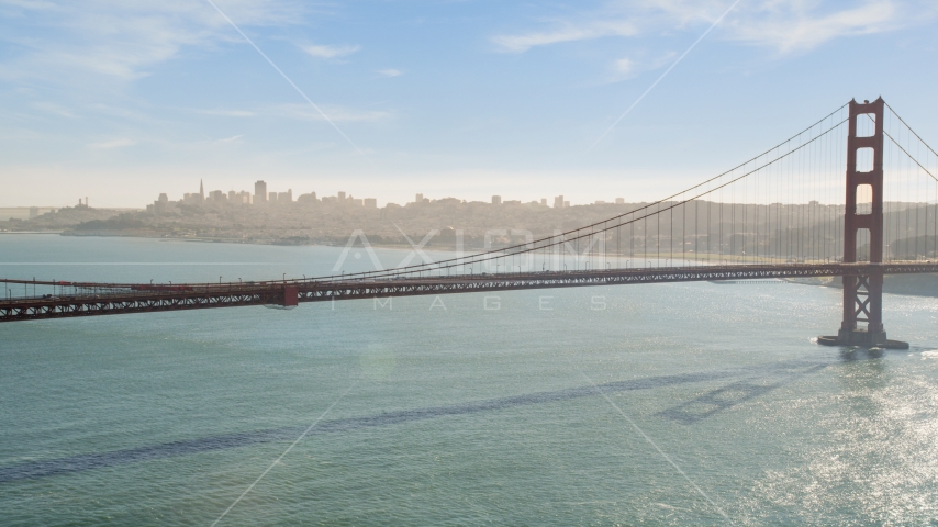 The famous Golden Gate Bridge and the downtown skyline in distance, San Francisco, California Aerial Stock Photo DCSF05_043.0000344 | Axiom Images