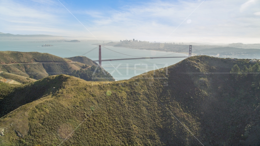 Golden Gate Bridge, San Francisco Bay, and downtown skyline seen from Marin Headlands, California Aerial Stock Photo DCSF05_048.0000594 | Axiom Images