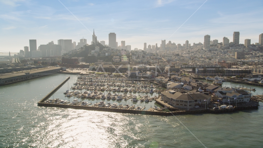 Pier 39 and marina, San Francisco skyline in background, San Francisco, California Aerial Stock Photo DCSF05_070.0000597 | Axiom Images