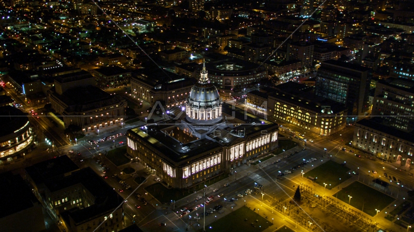 San Francisco City Hall in the Civic Center area of San Francisco, California, night Aerial Stock Photo DCSF06_006.0000242 | Axiom Images