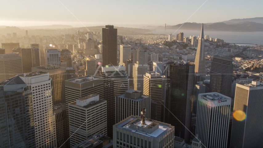 Downtown San Francisco skyscrapers at sunset, California Aerial Stock Photo DCSF07_004.0000054 | Axiom Images