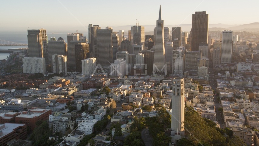 Coit Tower and the Financial District skyline, Downtown San Francisco, California, sunset Aerial Stock Photo DCSF07_009.0000172 | Axiom Images