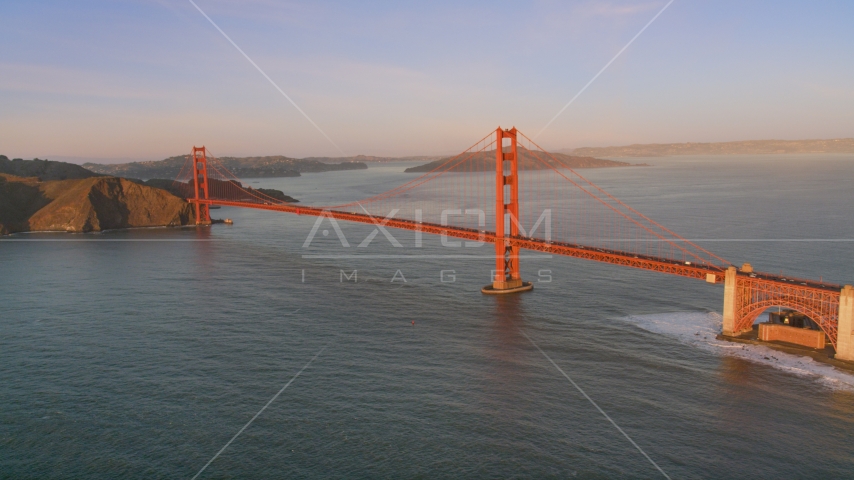 A view of the Golden Gate Bridge, San Francisco, California, sunset Aerial Stock Photo DCSF07_045.0000249 | Axiom Images