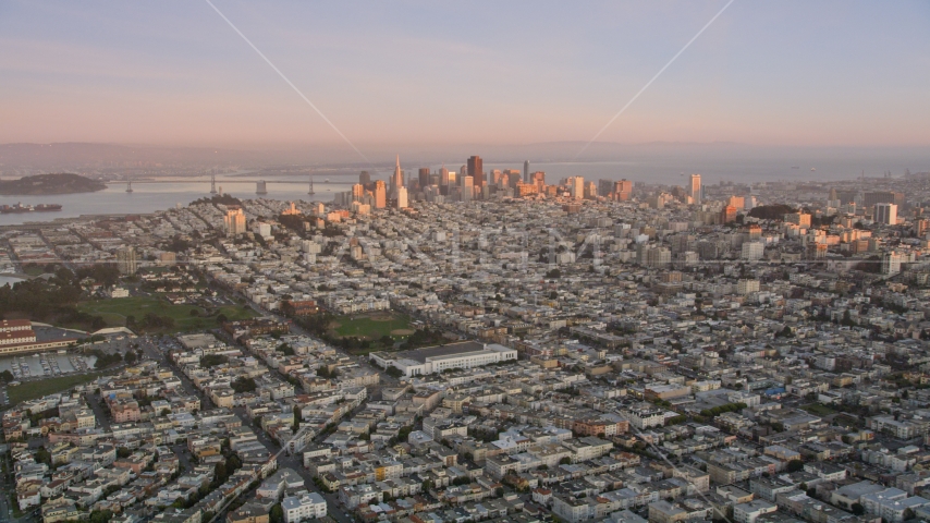 Marina District with Downtown San Francisco in the background, California, sunset Aerial Stock Photo DCSF07_055.0000215 | Axiom Images